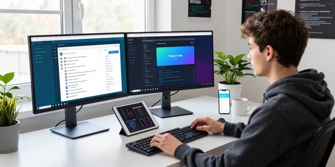 Dynamic developer using Telegram Web Version on dual monitors in a sleek workspace, showcasing modern tech environment.