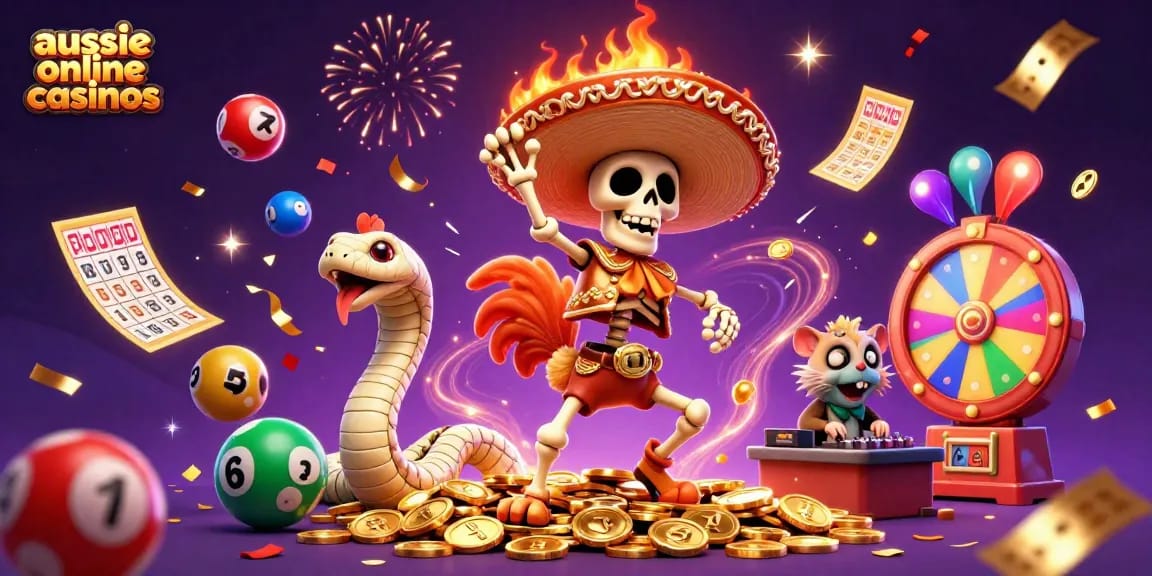 Aussie online casinos vibrant celebration scene with skeleton mariachi, mummy snake, and hamster DJ