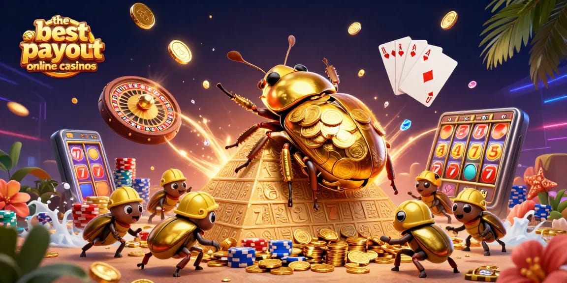 Experience the best payout online casinos with animated golden beetles and casino treasures.