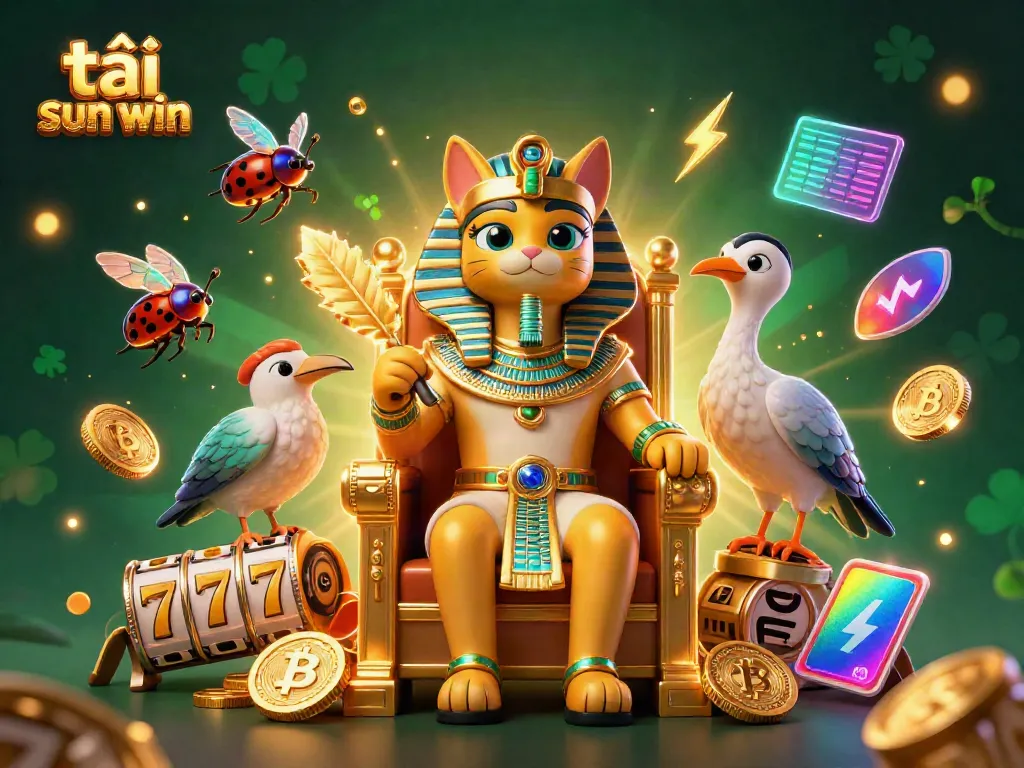 Spin the reels with tải sun win and immerse in this lively casino illustration featuring a pharaoh cat and golden tokens.