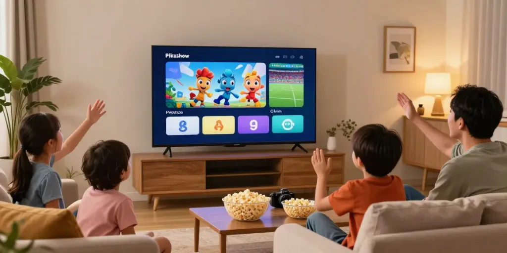 Family enjoying Pikashow TV streaming entertainment in a cozy living room on pikashowtv.cc