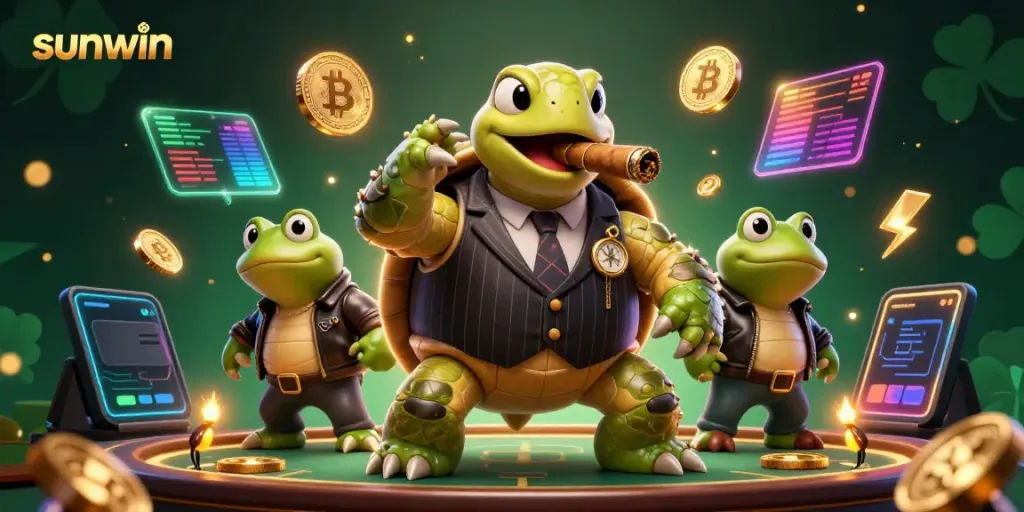 Experience the thrill with sunwin’s vibrant casino scene featuring a tuxedo turtle and bullfrogs.