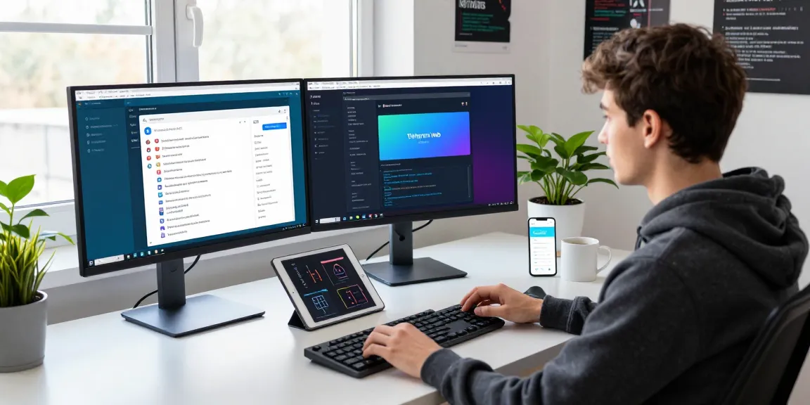 Dynamic developer using Telegram Web Version on dual monitors in a sleek workspace, showcasing modern tech environment.