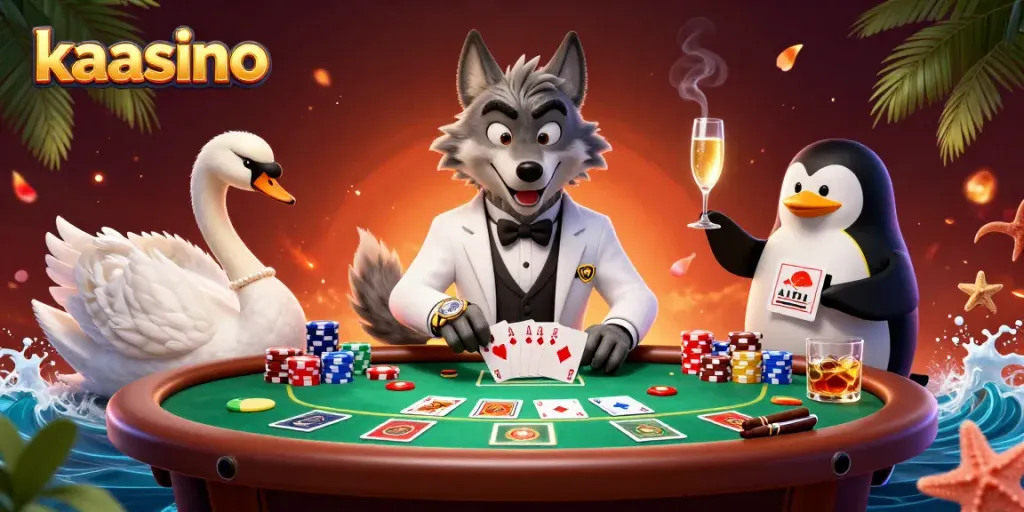 Kaasino showcases a 3D cartoon wolf, elegant swan, and penguin at a vibrant casino scene with cards and chips.