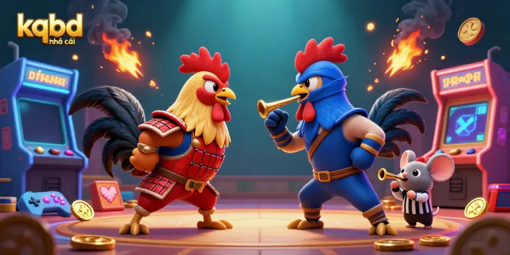 Engage in thrilling battles with kqbd nhà cái as fighting roosters clash in a dazzling arcade setting.