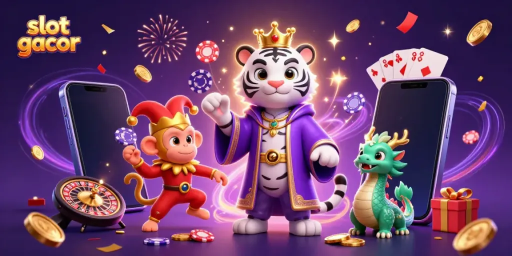 Experience slot gacor action with a vibrant 3D illustration featuring dynamic characters juggling poker chips and engaging with slot game elements.