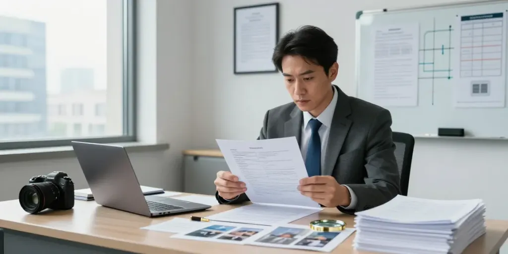 goodtam.com/services/신원-조사/ identity investigation office with investigator analyzing case files.