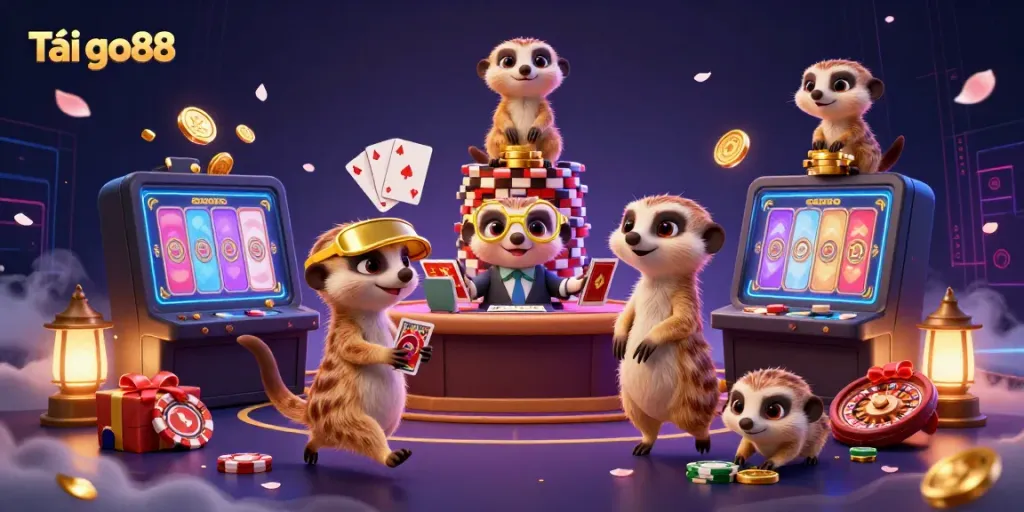 Tải go88 showcases a colorful casino scene with lively meerkats and dynamic slot game elements.