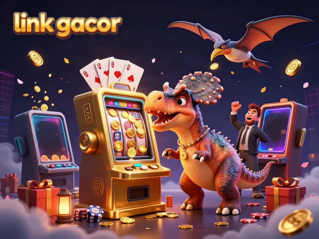 Experience the excitement of link gacor with a pachycephalosaurus headbutting a golden slot machine amidst flying coins.