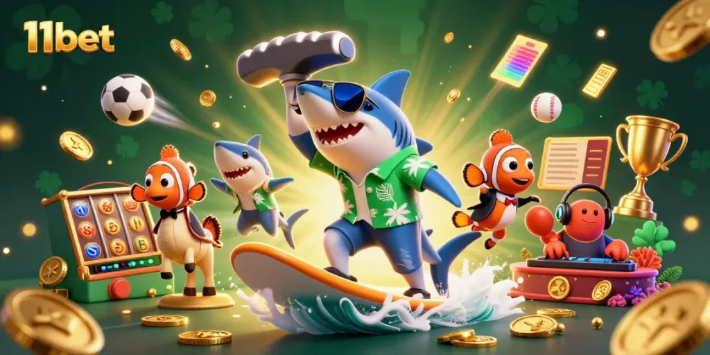 Experience thrilling gaming at 11bet with a vibrant 3D casino-themed scene.