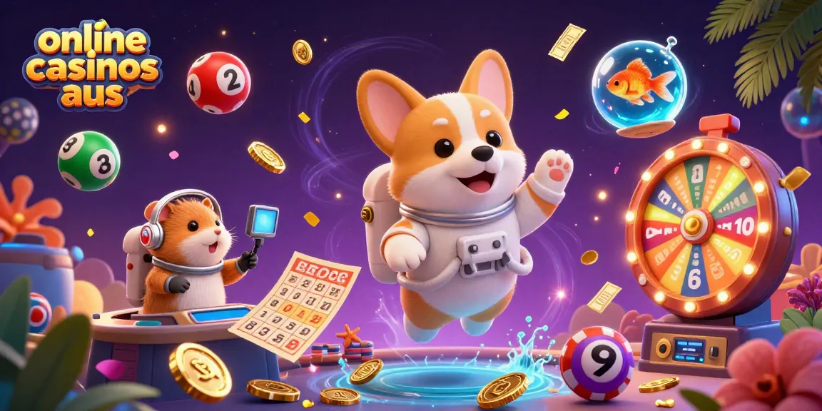 Experience the thrill of online casinos aus with vibrant 3D scene filled with casino elements and playful characters.