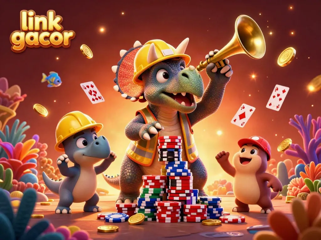 Win big with link gacor as a triceratops and friends celebrate in a colorful casino scene.