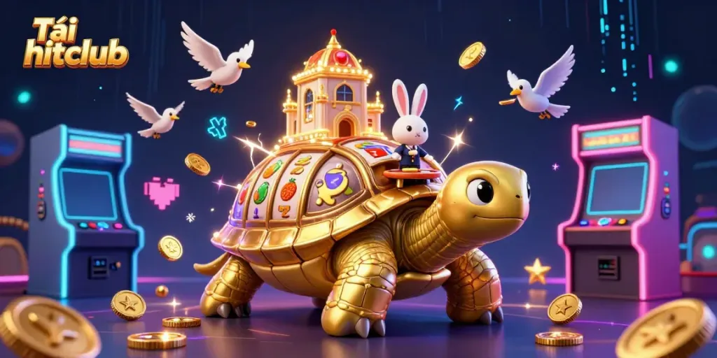 Tải hitclub with a tortoise carrying a casino palace, golden coins and vibrant gaming elements.