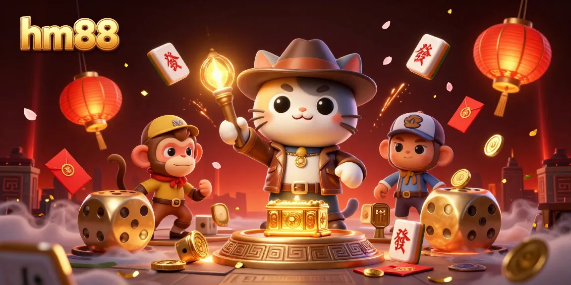 Discover the excitement of hm88 in this vibrant casino-themed 3D scene full of golden artifacts and festive elements.