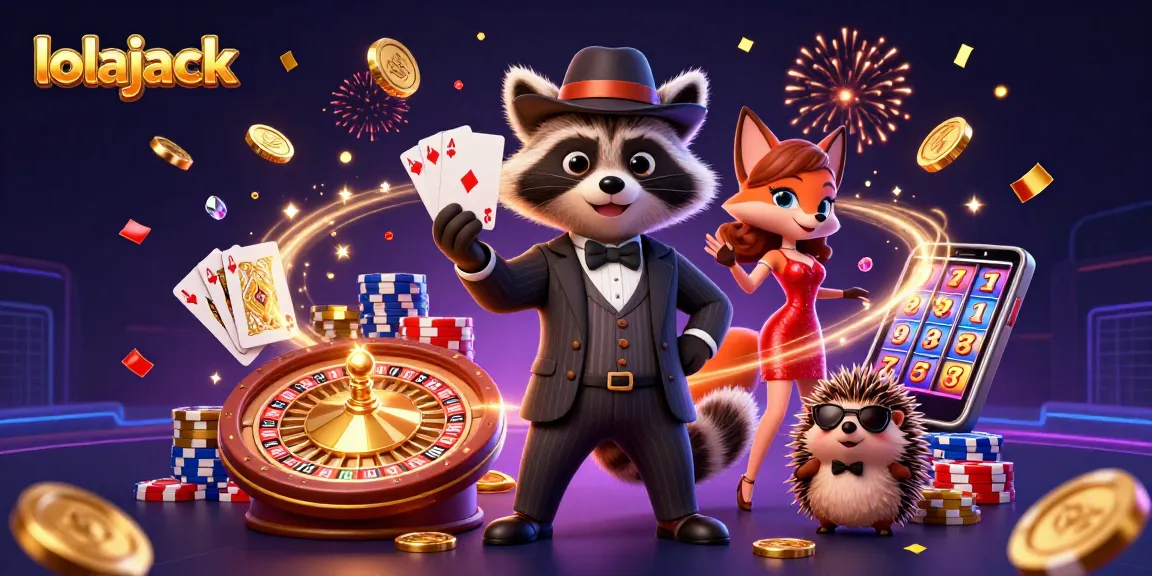 Experience thrilling gameplay at lolajack with a raccoon holding a royal flush and casino elements.